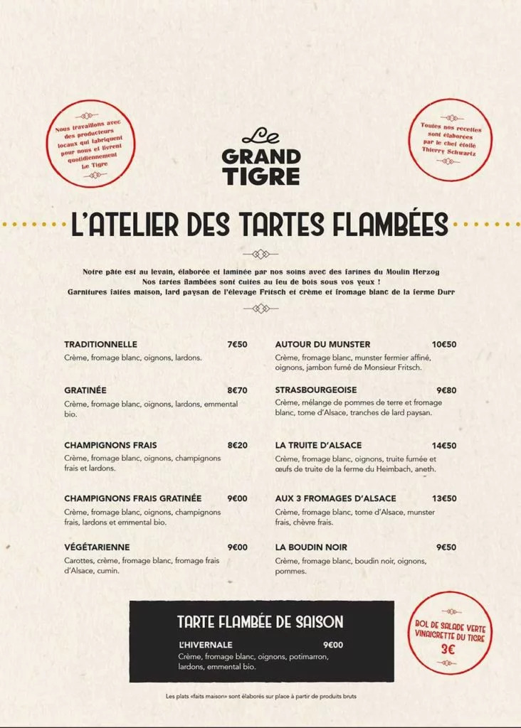 Le Tigre Strasbourg menu : carte des tartes flambées