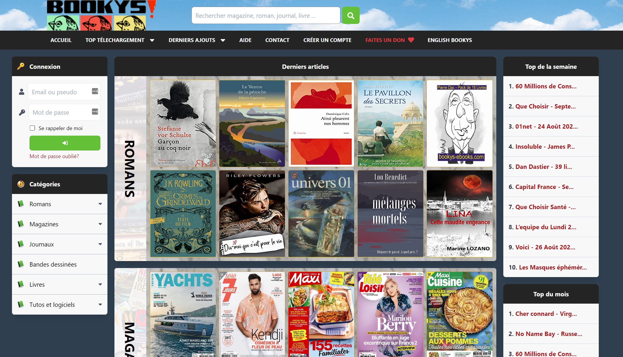 Interface et catalogue Bookys avec romans et magazines