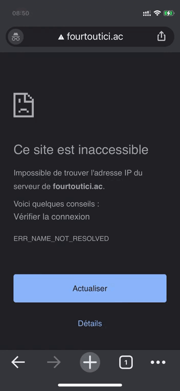 Sans VPN, Fourtoutici est inaccessible tandis qu'en utilisant un VPN, la nouvelle adresse Fourtoutici.ac fonctionne bien