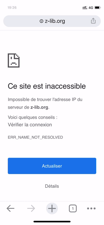 Sans VPN, Z-Library est inaccessible tandis qu’en utilisant un VPN, la nouvelle adresse fr.z-lib.org fonctionne bien