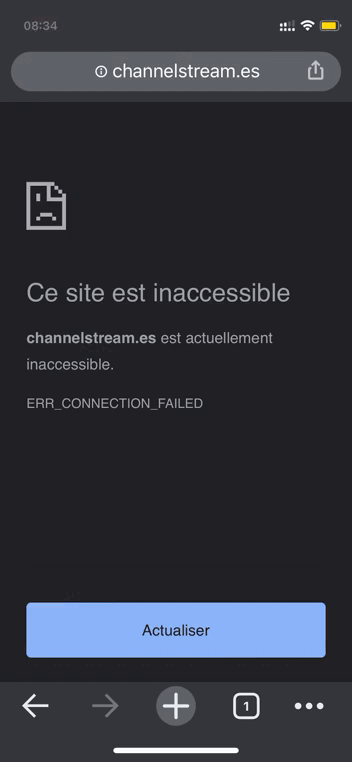 Sans VPN, ChannelStream est inaccessible tandis qu'en utilisant un VPN, la nouvelle adresse channelstream.es fonctionne bien