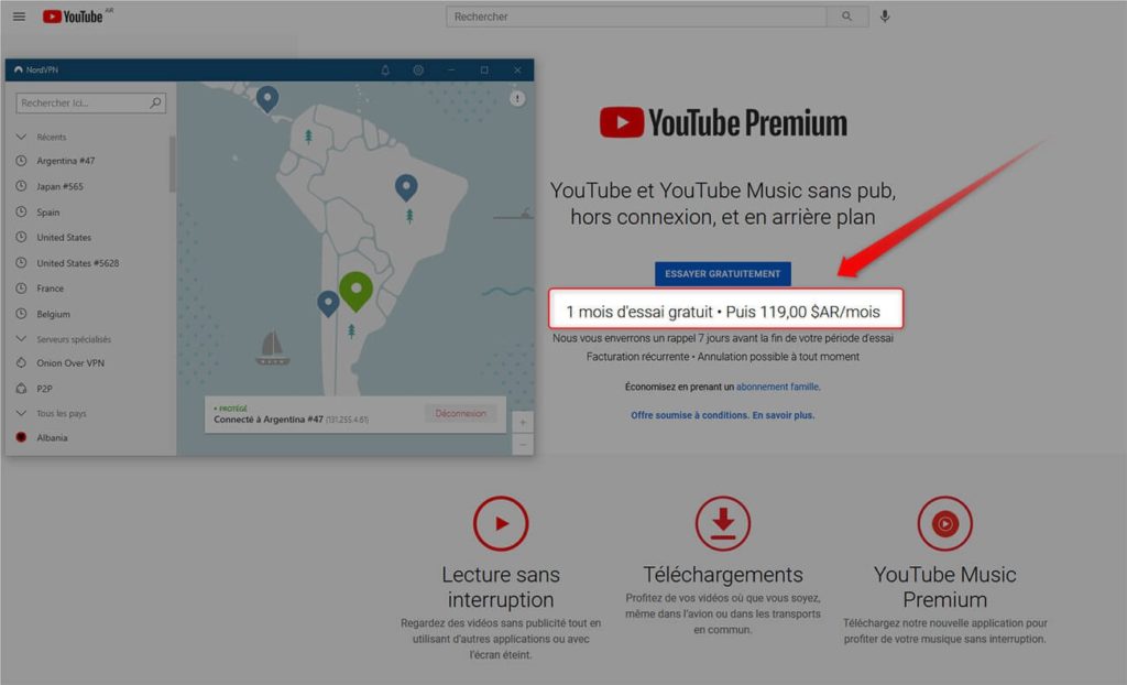 Pour payer YouTube Premium 1€/mois, il faut utiliser votre VPN et vous géolocaliser en Argentine