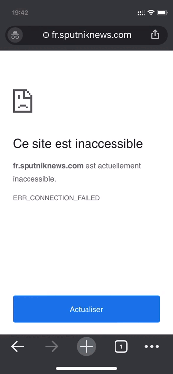 Sans VPN, Sputnik France est censuré tandis qu’en utilisant un VPN, le site est accessible