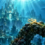 Aquaman et le Royaume perdu : la fin du film expliquée Royaume sous-marin imaginaire avec un trident doré sur une arche de pierre, illustration originale pour Aquaman et le Royaume perdu