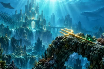 Royaume sous-marin imaginaire avec un trident doré sur une arche de pierre, illustration originale pour Aquaman et le Royaume perdu