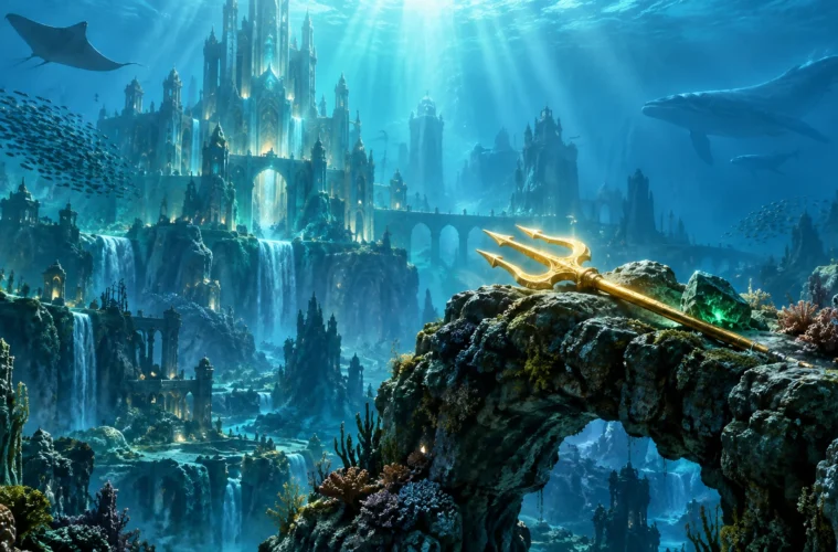Royaume sous-marin imaginaire avec un trident doré sur une arche de pierre, illustration originale pour Aquaman et le Royaume perdu