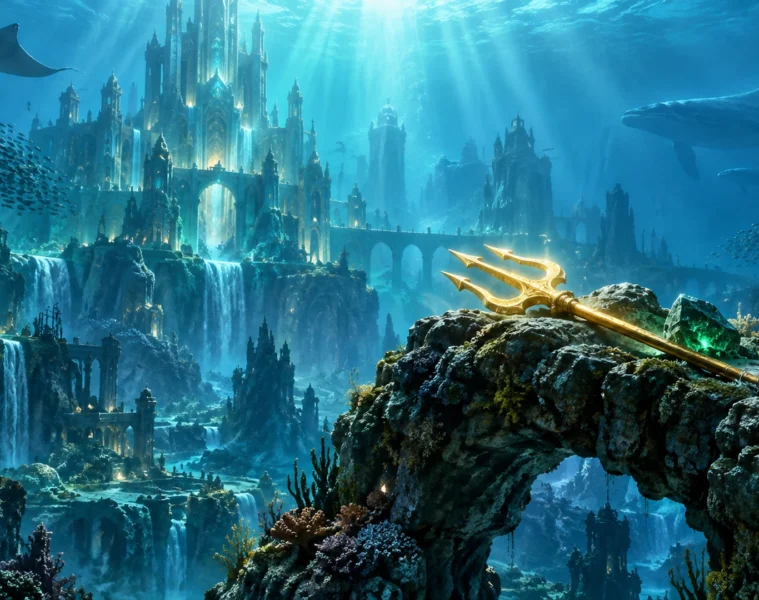 Royaume sous-marin imaginaire avec un trident doré sur une arche de pierre, illustration originale pour Aquaman et le Royaume perdu