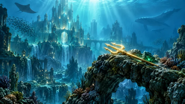 Royaume sous-marin imaginaire avec un trident doré sur une arche de pierre, illustration originale pour Aquaman et le Royaume perdu