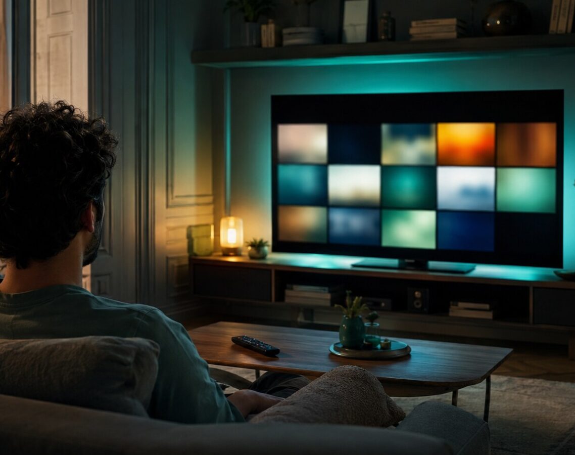 Salon contemporain avec écran de télévision et éclairage turquoise pour une soirée streaming