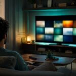 Salon contemporain avec écran de télévision et éclairage turquoise pour une soirée streaming