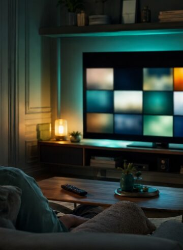 Salon contemporain avec écran de télévision et éclairage turquoise pour une soirée streaming