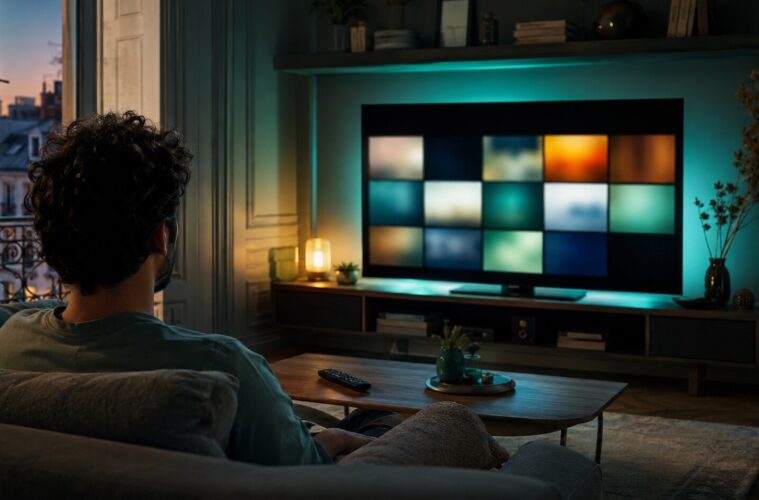 Salon contemporain avec écran de télévision et éclairage turquoise pour une soirée streaming