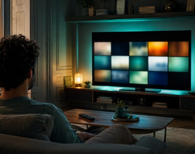 Salon contemporain avec écran de télévision et éclairage turquoise pour une soirée streaming