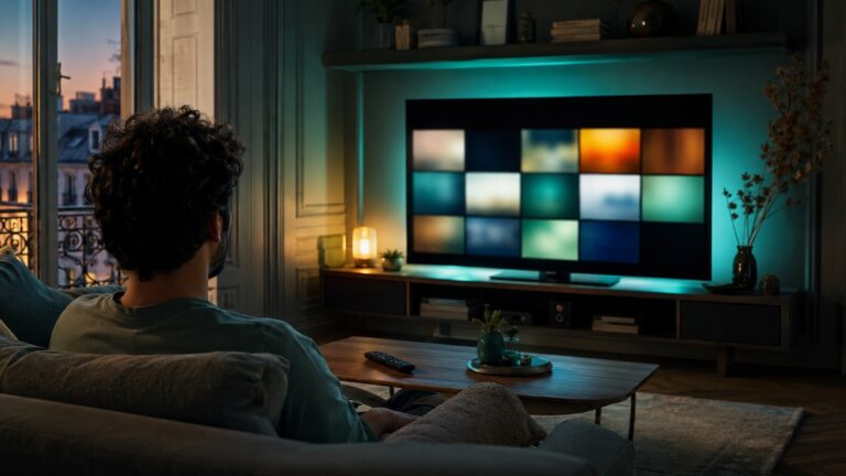 Salon contemporain avec écran de télévision et éclairage turquoise pour une soirée streaming