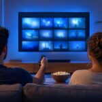 Couple choisissant un programme sur un téléviseur dans une ambiance bleue