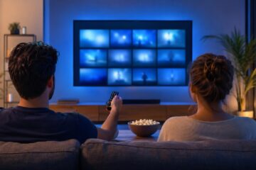 Couple choisissant un programme sur un téléviseur dans une ambiance bleue
