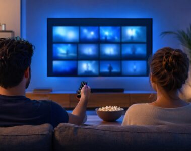 Couple choisissant un programme sur un téléviseur dans une ambiance bleue