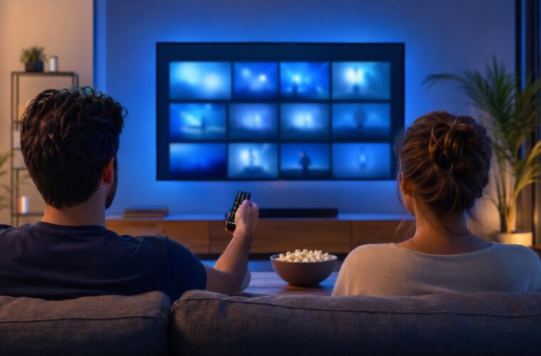 Couple choisissant un programme sur un téléviseur dans une ambiance bleue