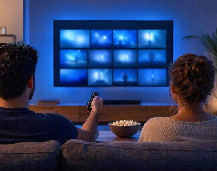Couple choisissant un programme sur un téléviseur dans une ambiance bleue
