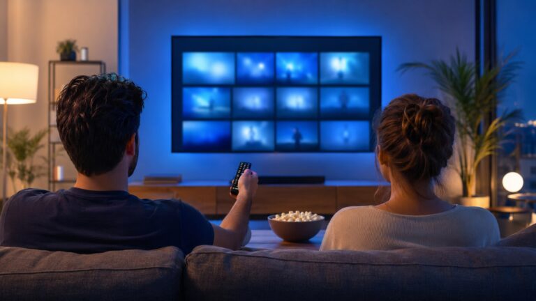 Couple choisissant un programme sur un téléviseur dans une ambiance bleue