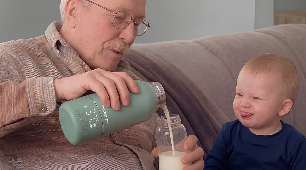 Préparation d'un biberon avec un chauffe-biberon nomade Momcozy
