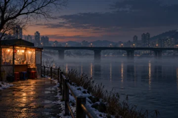 Illustration originale d’un snack éclairé au bord d’un fleuve, sous la neige, à la tombée du jour