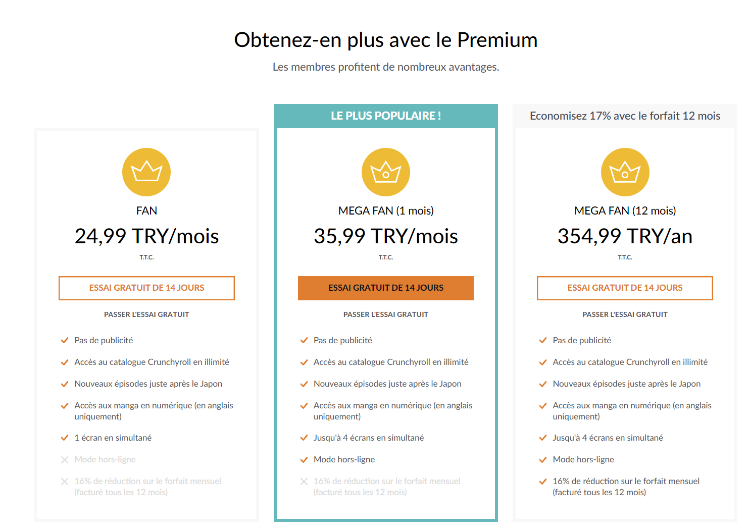 En Turquie, Crunchyroll coûte 35,99 TRY/mois, soit 1,78€/mois. Et même 1,24€/mois pour l'abonnement FAN !