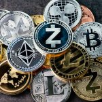 Crypto currency background with various of shiny silver and gold