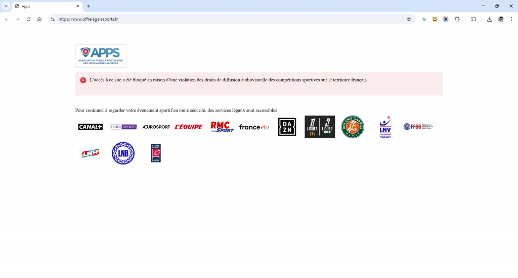 Sans VPN, sosplay.net redirige vers offrelegalesports.fr