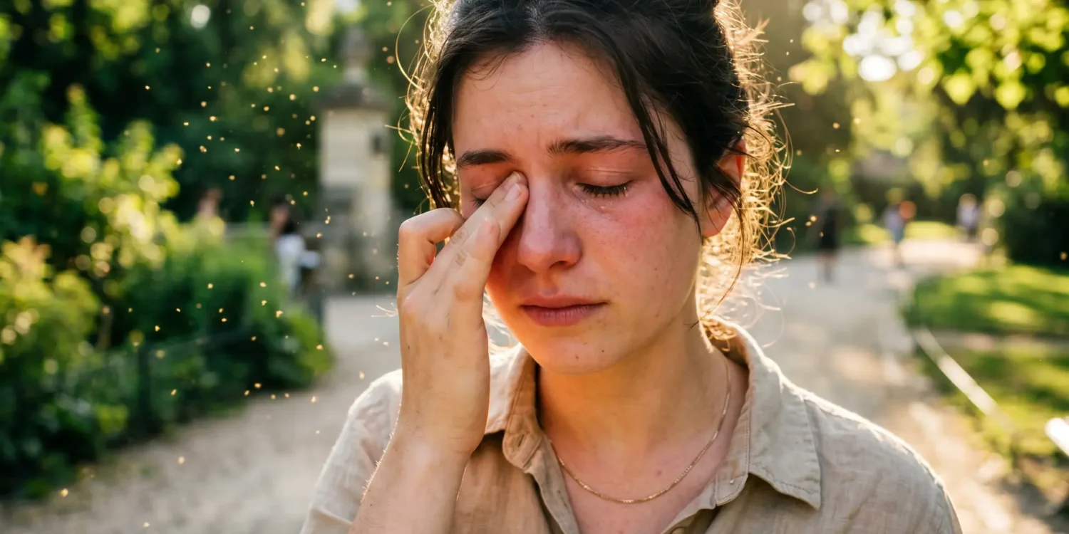 Allergies aux pollens en juin 2026 : jeune adulte se frottant les yeux dans un parc en pleine lumière estivale