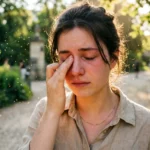 Allergies aux pollens en juin 2026 : jeune adulte se frottant les yeux dans un parc en pleine lumière estivale