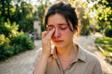 Allergies aux pollens en juin 2026 : jeune adulte se frottant les yeux dans un parc en pleine lumière estivale