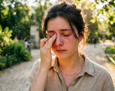 Allergies aux pollens en juin 2026 : jeune adulte se frottant les yeux dans un parc en pleine lumière estivale
