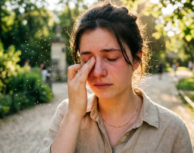 Allergies aux pollens en juin 2026 : jeune adulte se frottant les yeux dans un parc en pleine lumière estivale