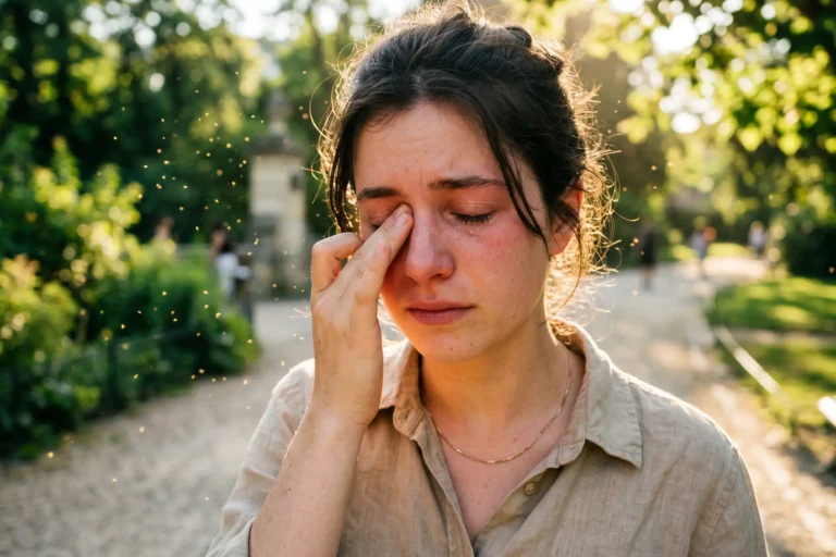 Allergies aux pollens en juin 2026 : jeune adulte se frottant les yeux dans un parc en pleine lumière estivale