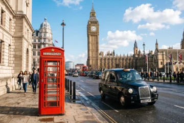 Cabine telephonique rouge britannique a Londres avec taxi noir et Big Ben en arriere-plan, atmosphere urbaine