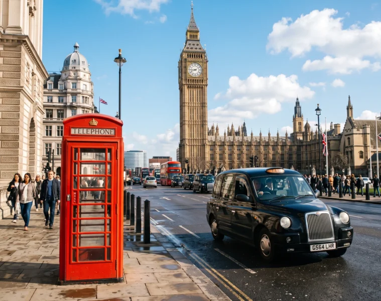 Cabine telephonique rouge britannique a Londres avec taxi noir et Big Ben en arriere-plan, atmosphere urbaine