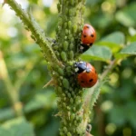 Pucerons verts sur tige de rosier avec coccinelles Coccinella septempunctata en train de les dévorer, photo macro jardin