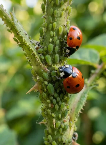 Pucerons verts sur tige de rosier avec coccinelles Coccinella septempunctata en train de les dévorer, photo macro jardin