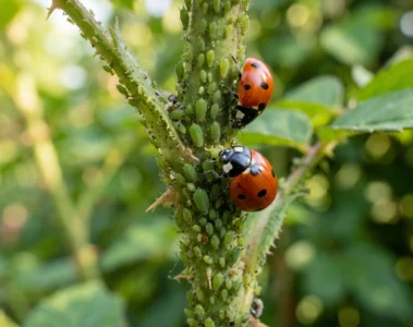 Pucerons verts sur tige de rosier avec coccinelles Coccinella septempunctata en train de les dévorer, photo macro jardin