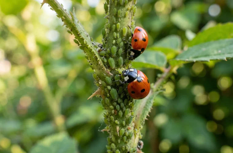 Pucerons verts sur tige de rosier avec coccinelles Coccinella septempunctata en train de les dévorer, photo macro jardin