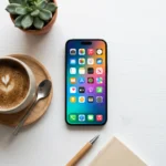 Top 15 des applications gratuites vraiment utiles en 2026 Smartphone moderne affichant des icones d'applications colorees sur bureau blanc avec tasse de cafe, lumiere naturelle douce