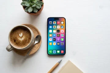 Smartphone moderne affichant des icones d'applications colorees sur bureau blanc avec tasse de cafe, lumiere naturelle douce