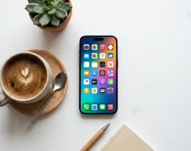 Smartphone moderne affichant des icones d'applications colorees sur bureau blanc avec tasse de cafe, lumiere naturelle douce