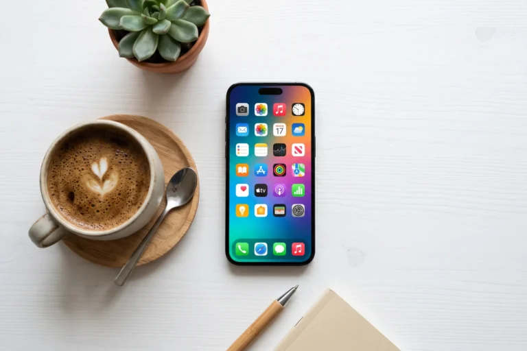Smartphone moderne affichant des icones d'applications colorees sur bureau blanc avec tasse de cafe, lumiere naturelle douce