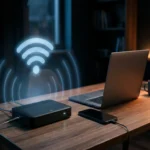 Box internet fibre 2026 sur un bureau avec laptop - comparatif des offres Free, Orange, SFR, Bouygues