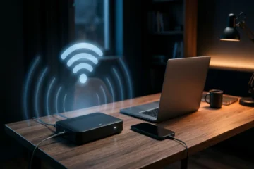 Box internet fibre 2026 sur un bureau avec laptop - comparatif des offres Free, Orange, SFR, Bouygues