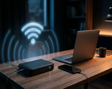 Box internet fibre 2026 sur un bureau avec laptop - comparatif des offres Free, Orange, SFR, Bouygues