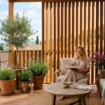 Brise-vue en bois et plantes sur une terrasse extérieure aménagée