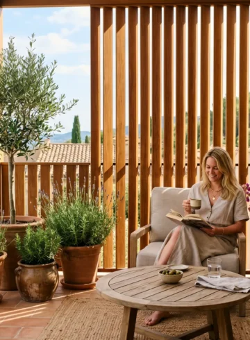 Brise-vue en bois et plantes sur une terrasse extérieure aménagée